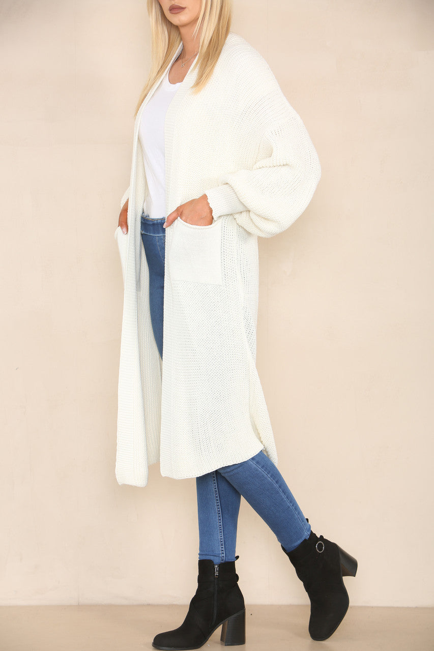 CHUNKY KNIT BALLOON SLEEVE LONGLINE CARDIGAN WINTER WHITE