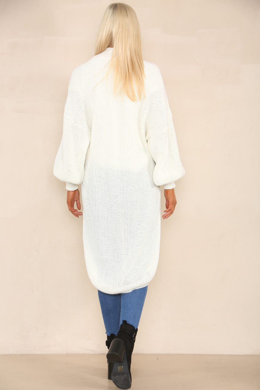 CHUNKY KNIT BALLOON SLEEVE LONGLINE CARDIGAN WINTER WHITE