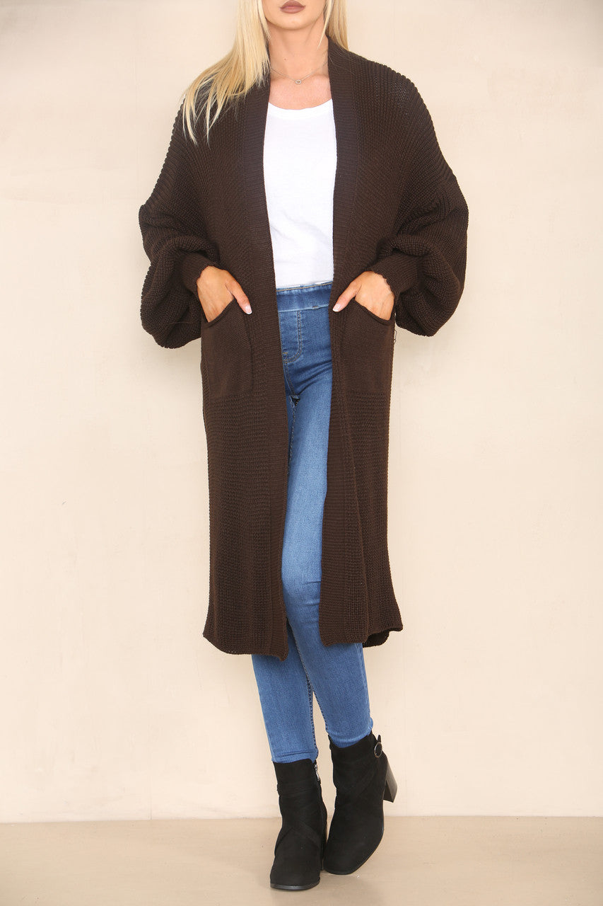 CHUNKY KNIT BALLOON SLEEVE LONGLINE CARDIGAN CHOCOLATE BROWN