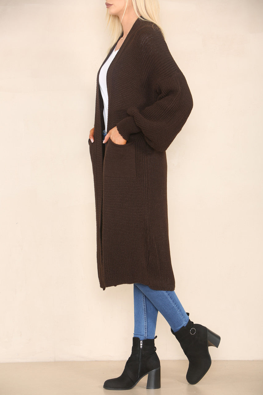 CHUNKY KNIT BALLOON SLEEVE LONGLINE CARDIGAN CHOCOLATE BROWN