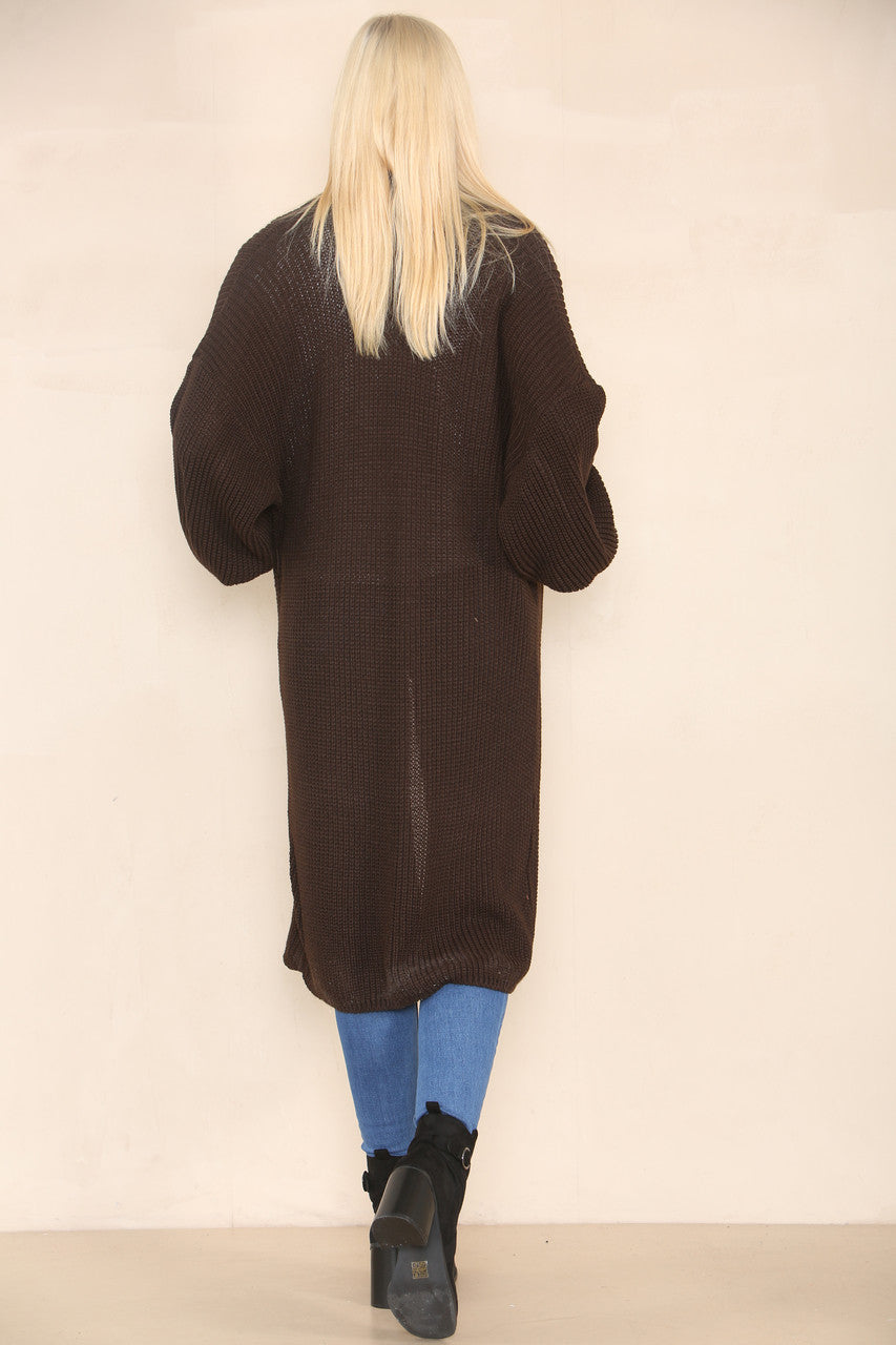 CHUNKY KNIT BALLOON SLEEVE LONGLINE CARDIGAN CHOCOLATE BROWN