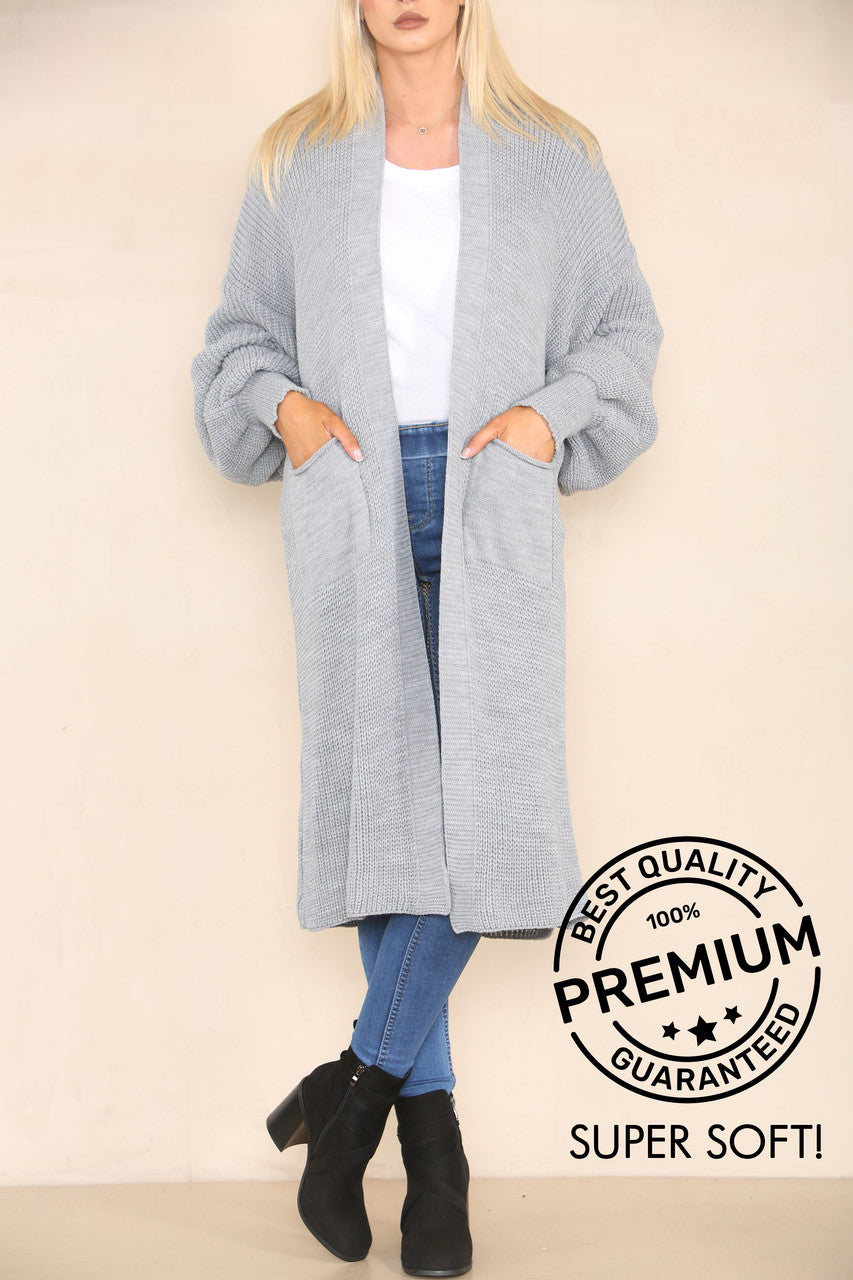 CHUNKY KNIT BALLOON SLEEVE LONGLINE CARDIGAN SILVER GREY
