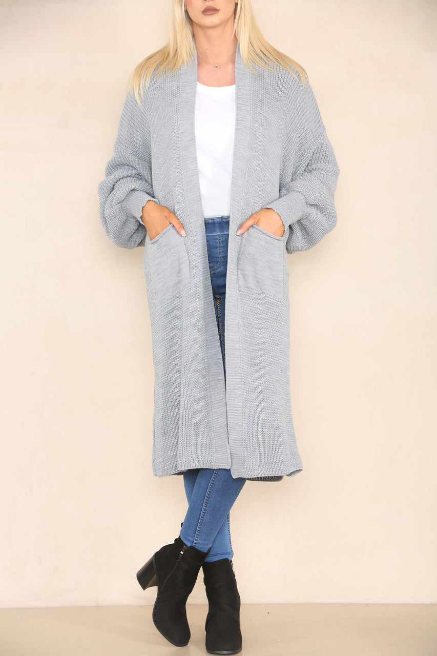 CHUNKY KNIT BALLOON SLEEVE LONGLINE CARDIGAN SILVER GREY
