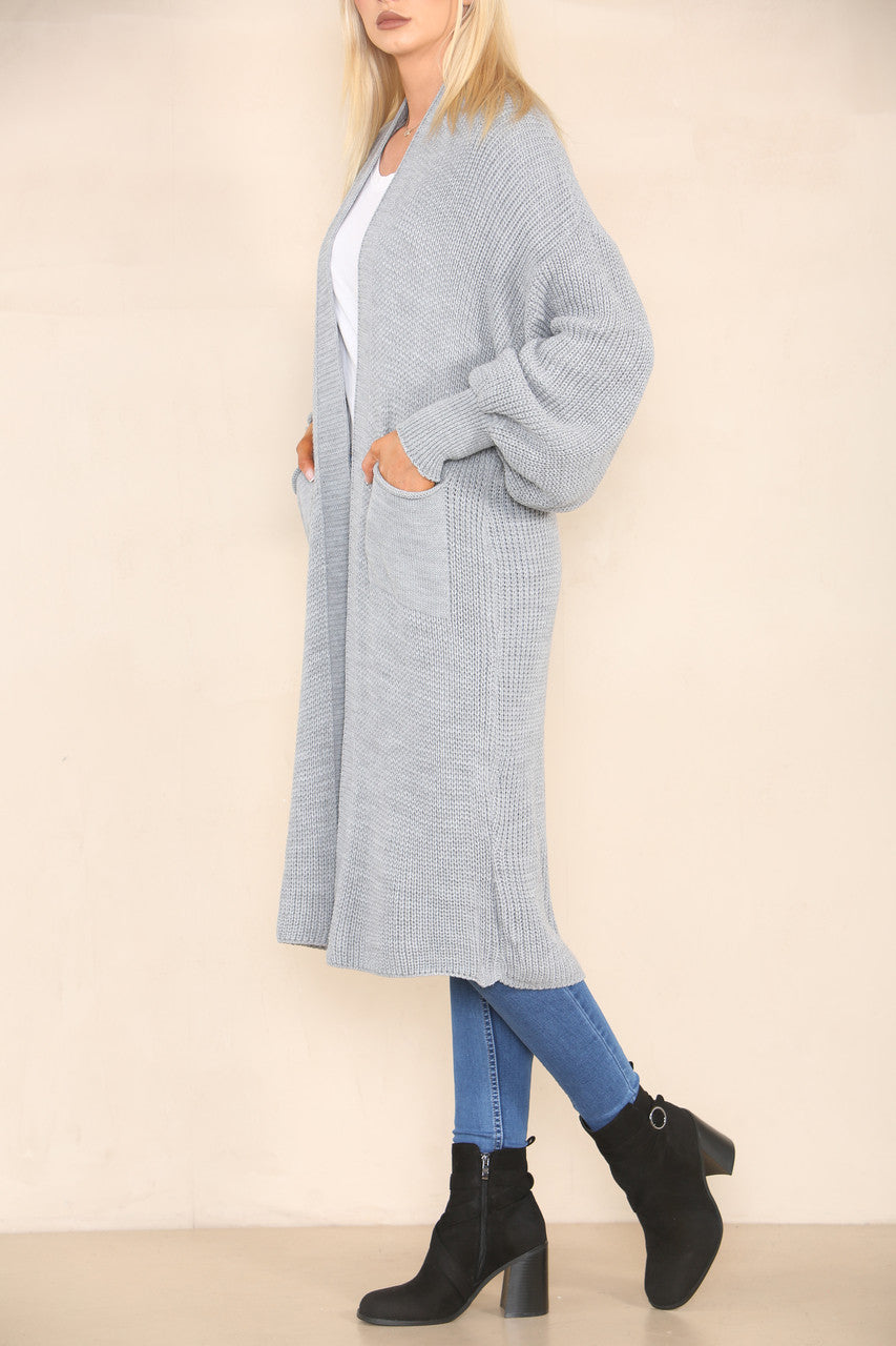 CHUNKY KNIT BALLOON SLEEVE LONGLINE CARDIGAN SILVER GREY