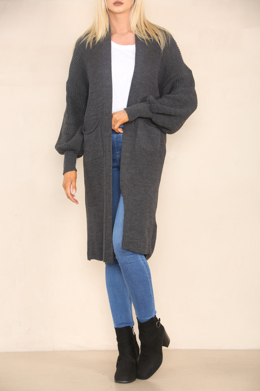 CHUNKY KNIT BALLOON SLEEVE LONGLINE CARDIGAN CHARCOAL