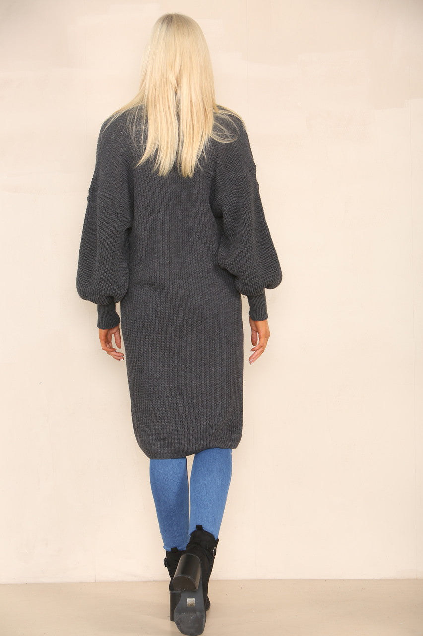 CHUNKY KNIT BALLOON SLEEVE LONGLINE CARDIGAN CHARCOAL