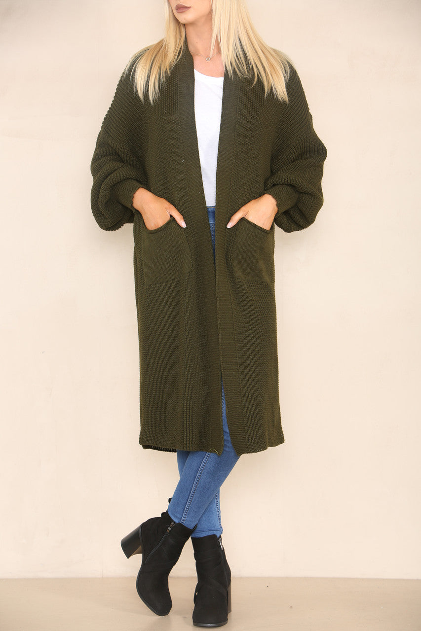 CHUNKY KNIT BALLOON SLEEVE LONGLINE CARDIGAN KHAKI