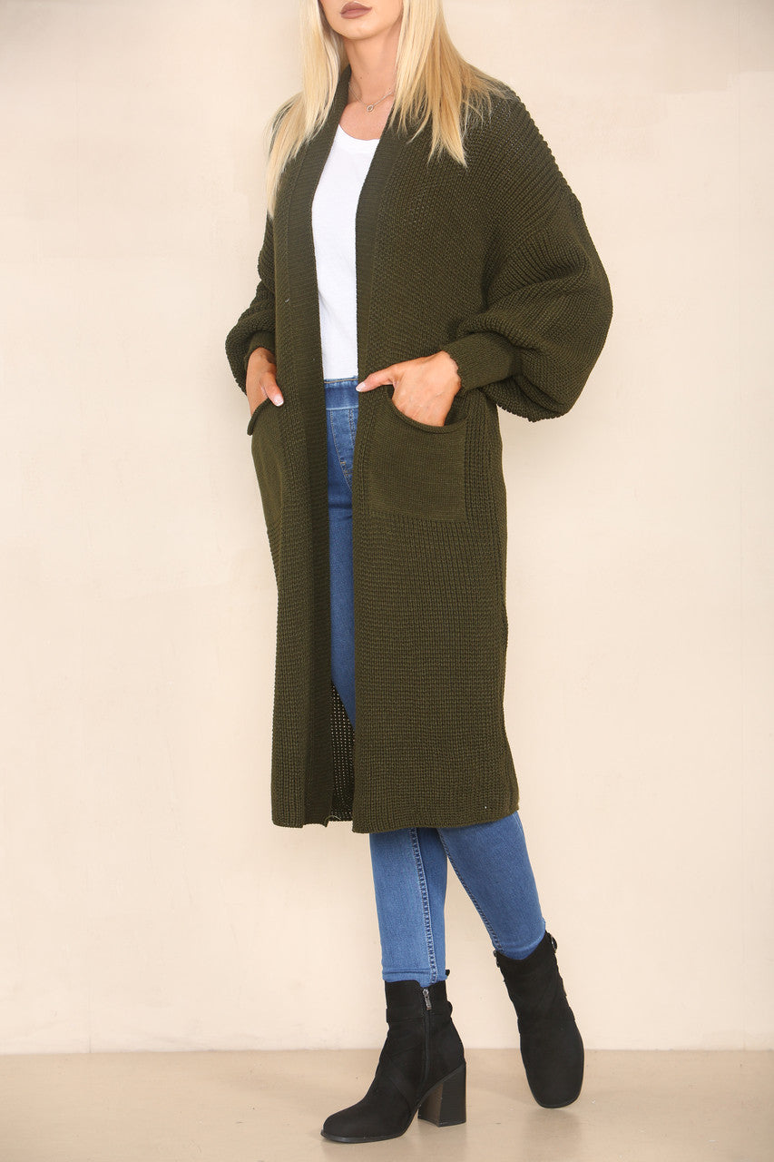 CHUNKY KNIT BALLOON SLEEVE LONGLINE CARDIGAN KHAKI