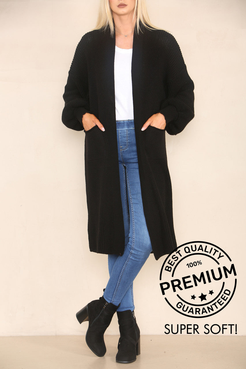 CHUNKY KNIT BALLOON SLEEVE LONGLINE CARDIGAN BLACK