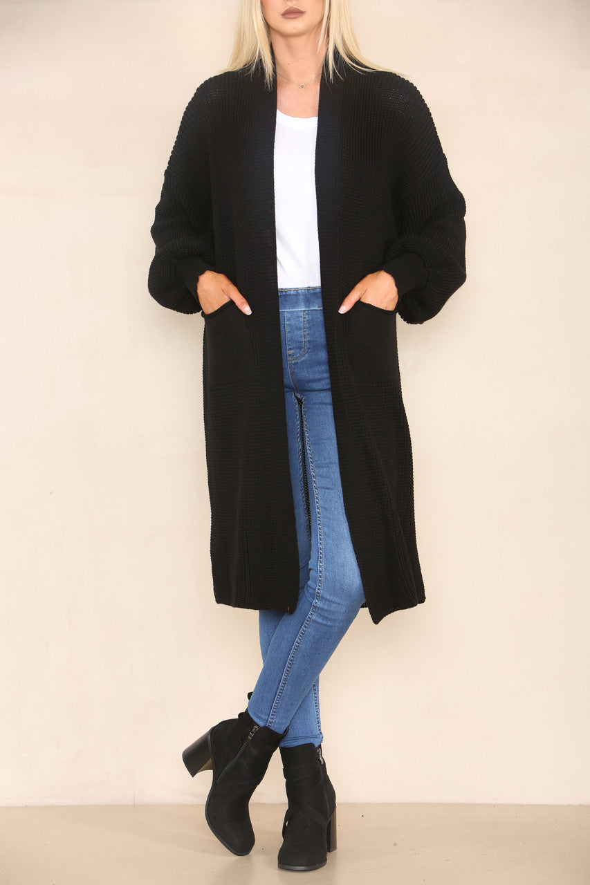 CHUNKY KNIT BALLOON SLEEVE LONGLINE CARDIGAN BLACK
