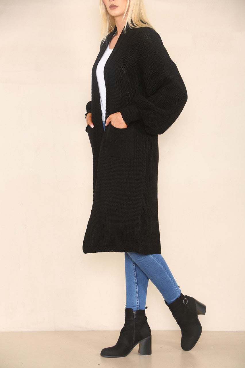 CHUNKY KNIT BALLOON SLEEVE LONGLINE CARDIGAN BLACK