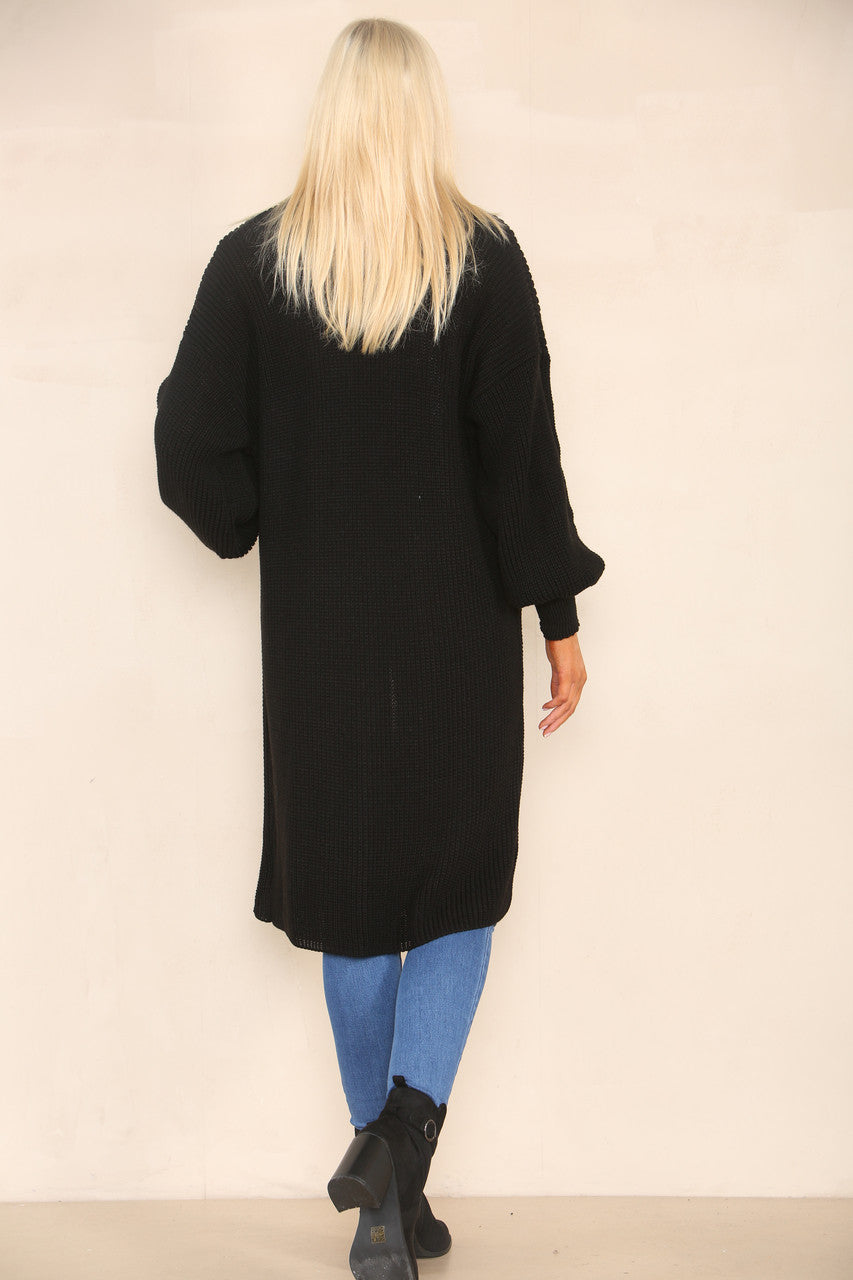 CHUNKY KNIT BALLOON SLEEVE LONGLINE CARDIGAN BLACK