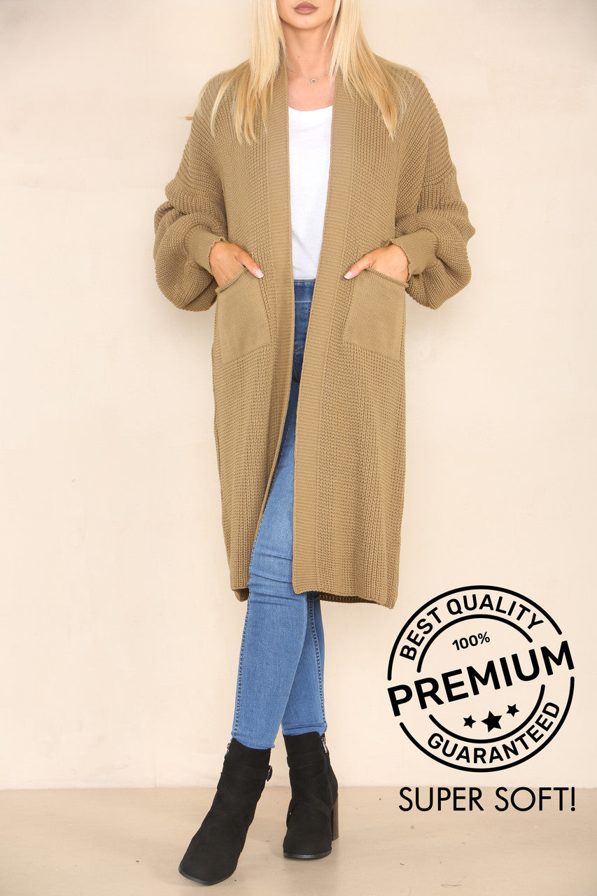 CHUNKY KNIT BALLOON SLEEVE LONGLINE CARDIGAN CAMEL