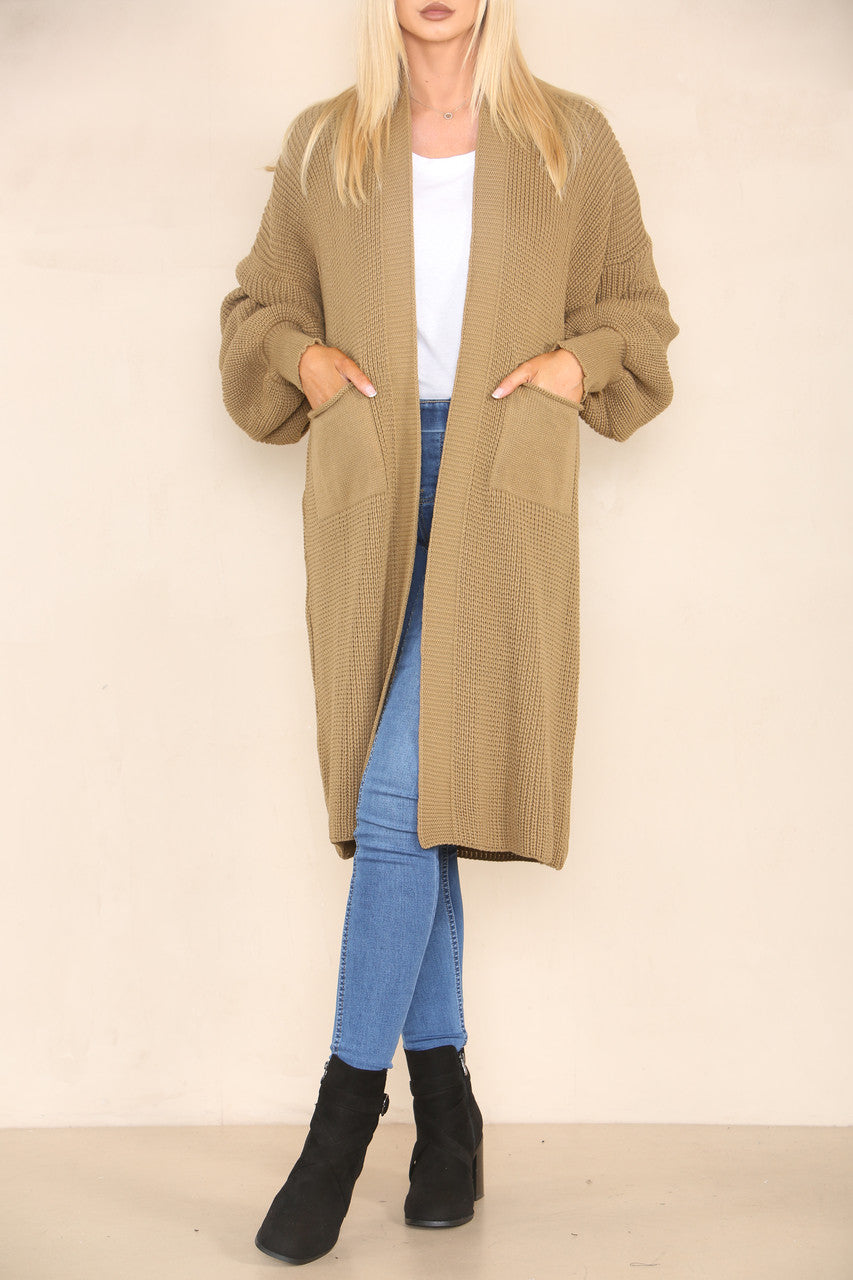 CHUNKY KNIT BALLOON SLEEVE LONGLINE CARDIGAN CAMEL