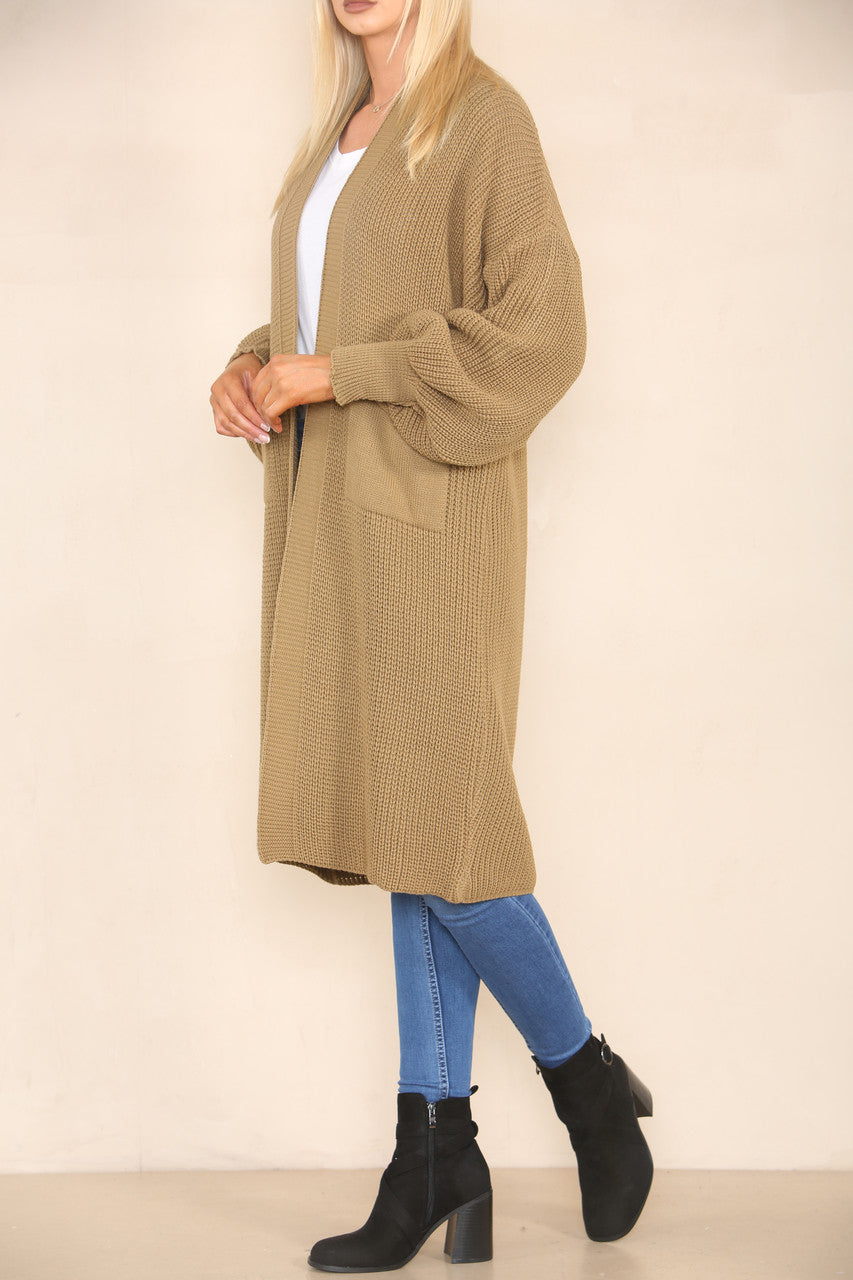 CHUNKY KNIT BALLOON SLEEVE LONGLINE CARDIGAN CAMEL