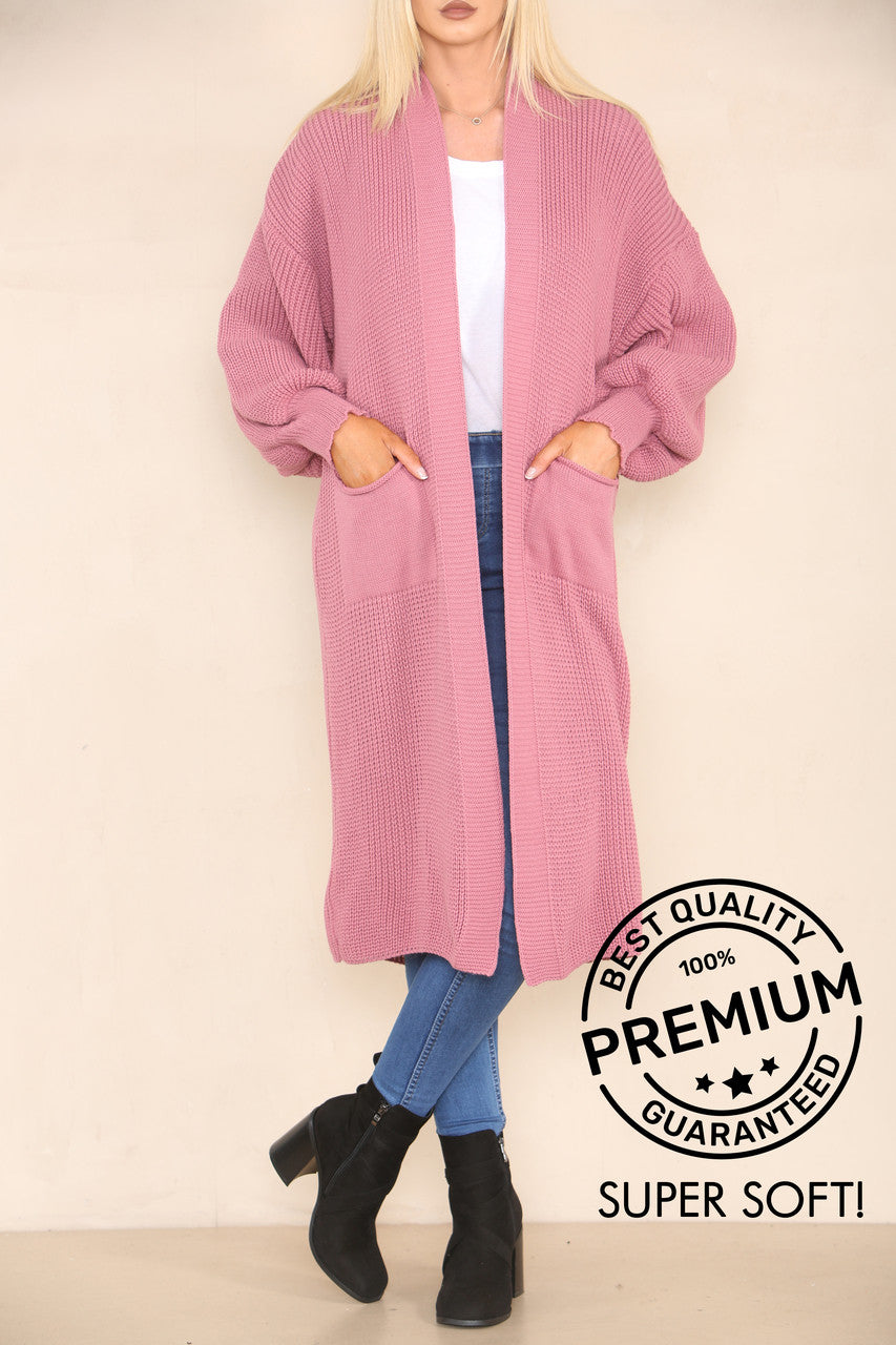 CHUNKY KNIT BALLOON SLEEVE LONGLINE CARDIGAN DUSTY PINK