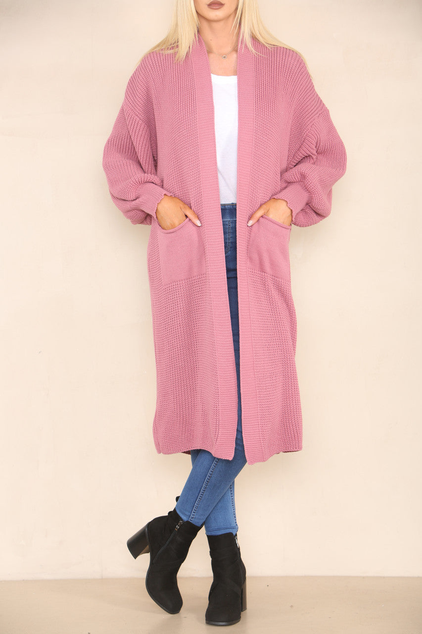 CHUNKY KNIT BALLOON SLEEVE LONGLINE CARDIGAN DUSTY PINK