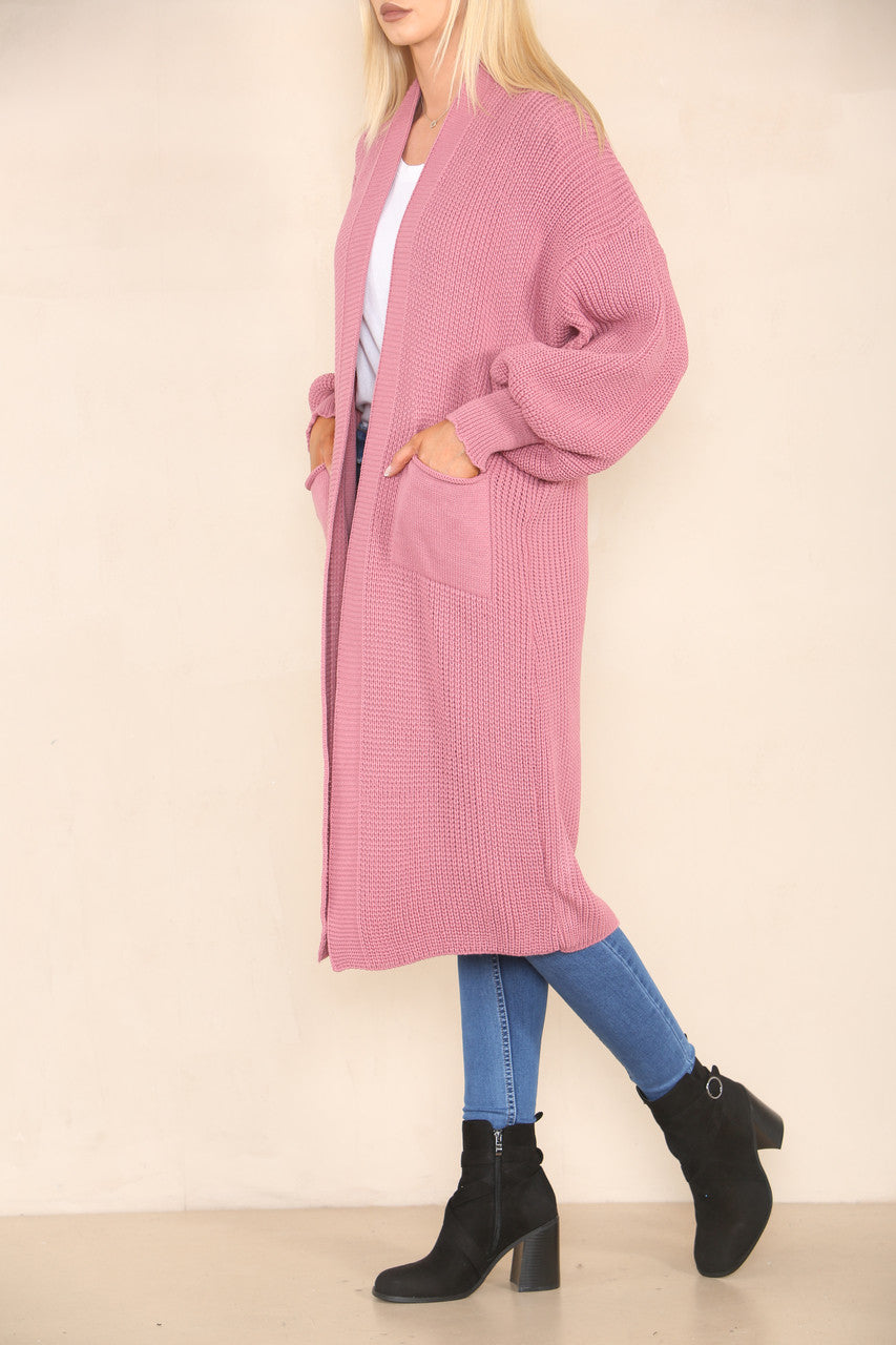 CHUNKY KNIT BALLOON SLEEVE LONGLINE CARDIGAN DUSTY PINK