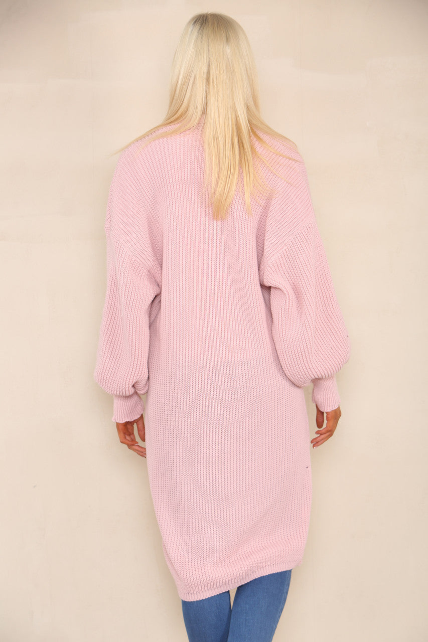 CHUNKY KNIT BALLOON SLEEVE LONGLINE CARDIGAN NUDE PINK