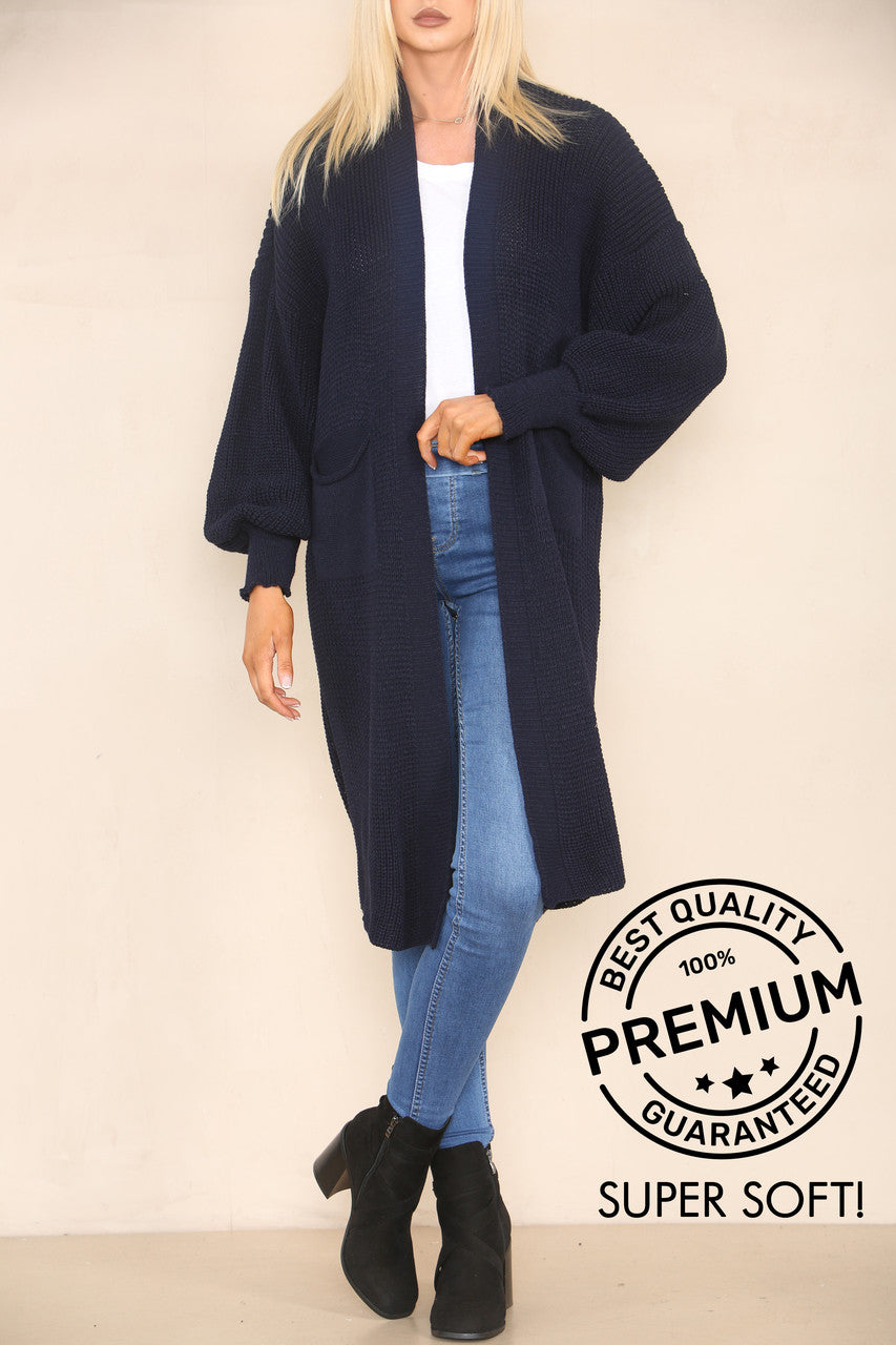 CHUNKY KNIT BALLOON SLEEVE LONGLINE CARDIGAN NAVY