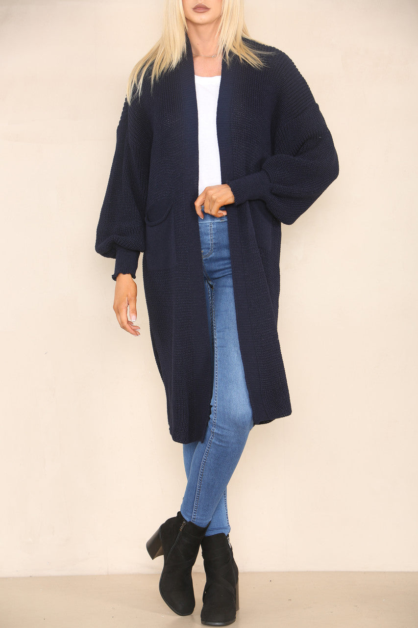 CHUNKY KNIT BALLOON SLEEVE LONGLINE CARDIGAN NAVY