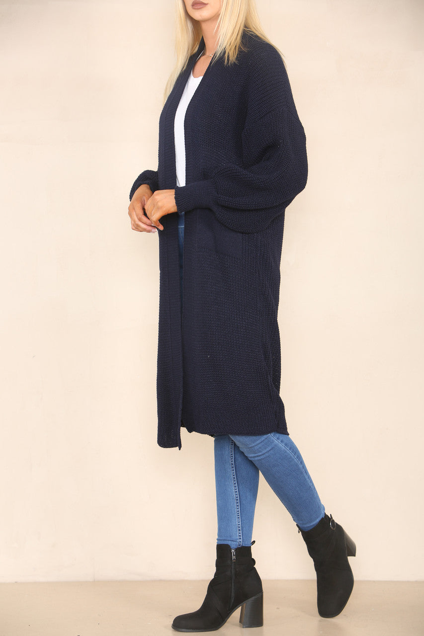 CHUNKY KNIT BALLOON SLEEVE LONGLINE CARDIGAN NAVY
