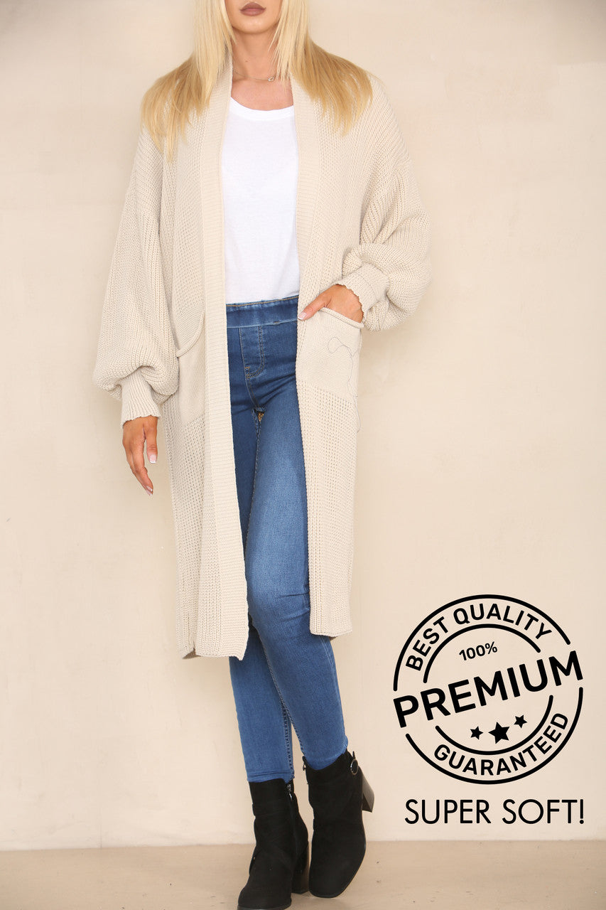 CHUNKY KNIT BALLOON SLEEVE LONGLINE CARDIGAN STONE