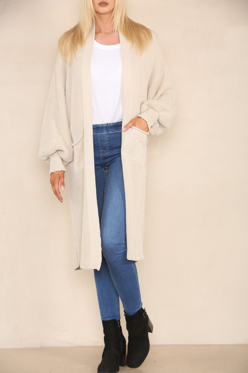 CHUNKY KNIT BALLOON SLEEVE LONGLINE CARDIGAN STONE