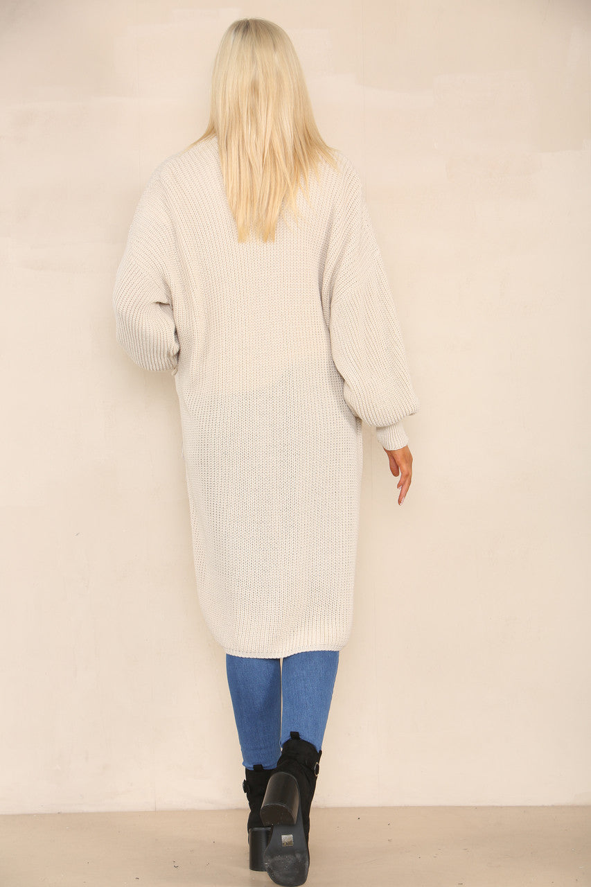 CHUNKY KNIT BALLOON SLEEVE LONGLINE CARDIGAN STONE