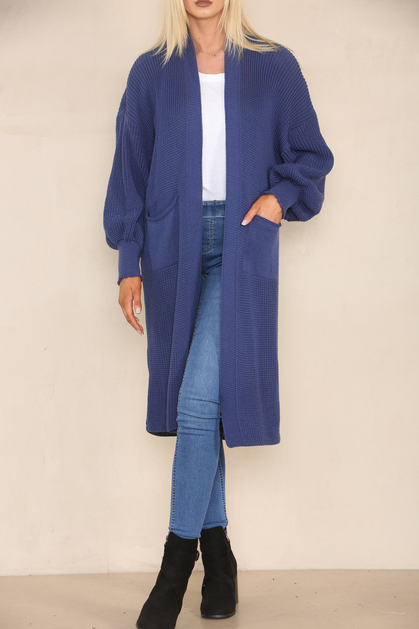 CHUNKY KNIT BALLOON SLEEVE LONGLINE CARDIGAN DENIM