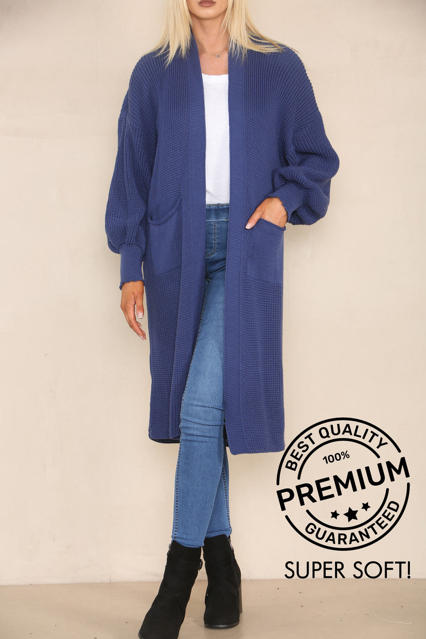 CHUNKY KNIT BALLOON SLEEVE LONGLINE CARDIGAN DENIM