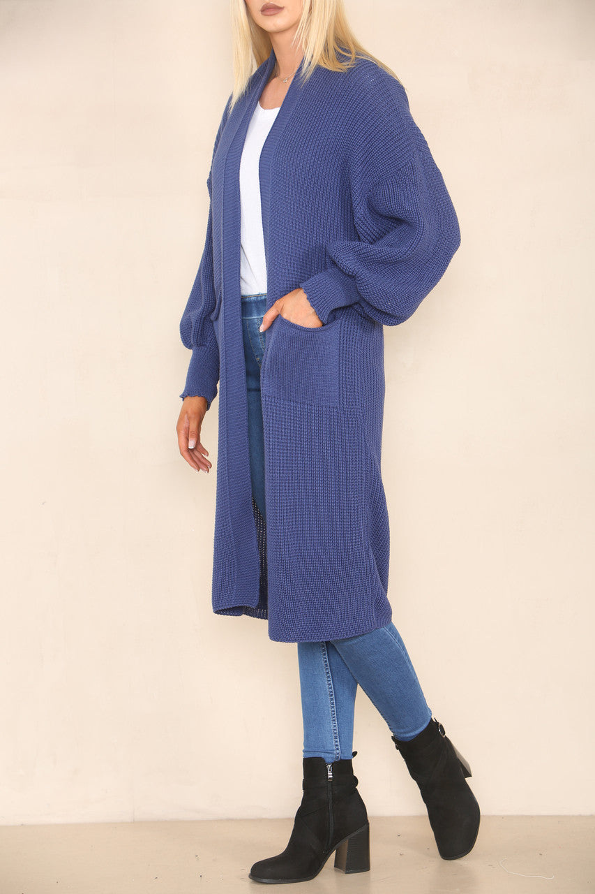CHUNKY KNIT BALLOON SLEEVE LONGLINE CARDIGAN DENIM