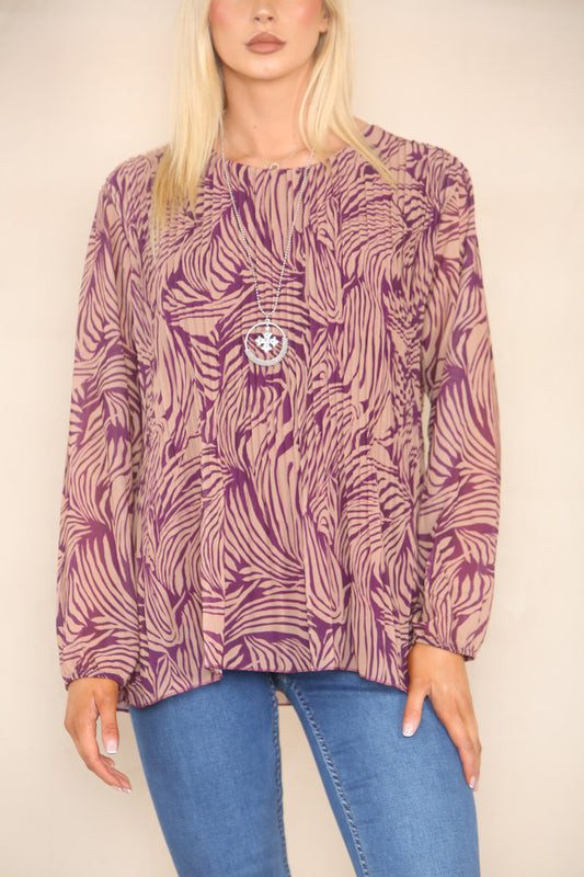 ABSTRACT ANIMAL PRINT PLEATED BLOUSE RASPBERRY/TAN