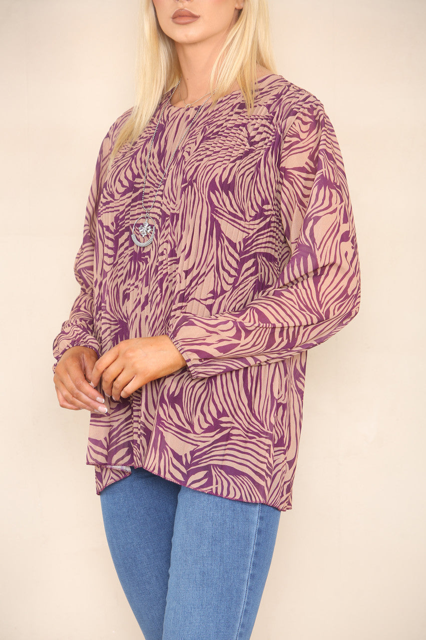 ABSTRACT ANIMAL PRINT PLEATED BLOUSE RASPBERRY/TAN