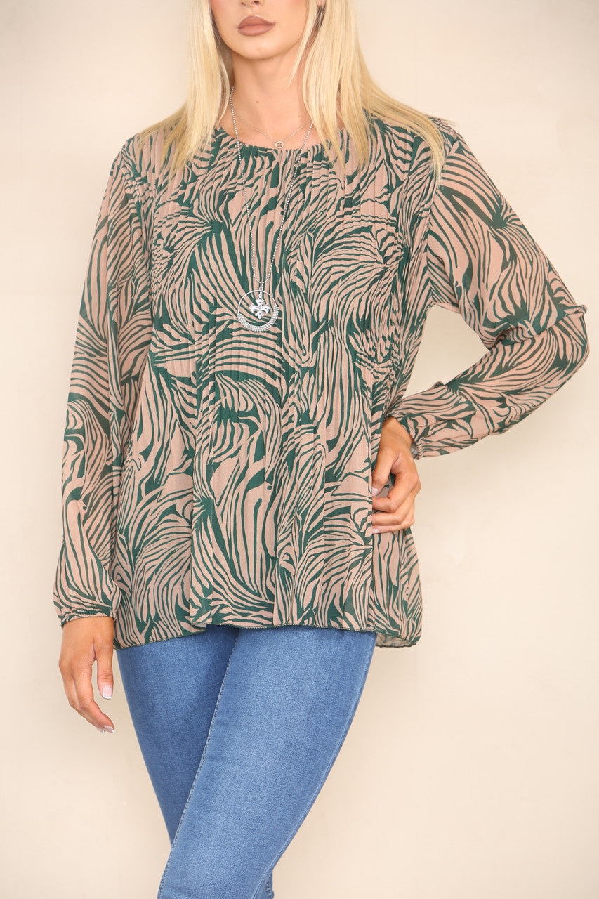ABSTRACT ANIMAL PRINT PLEATED BLOUSE GREEN/TAN
