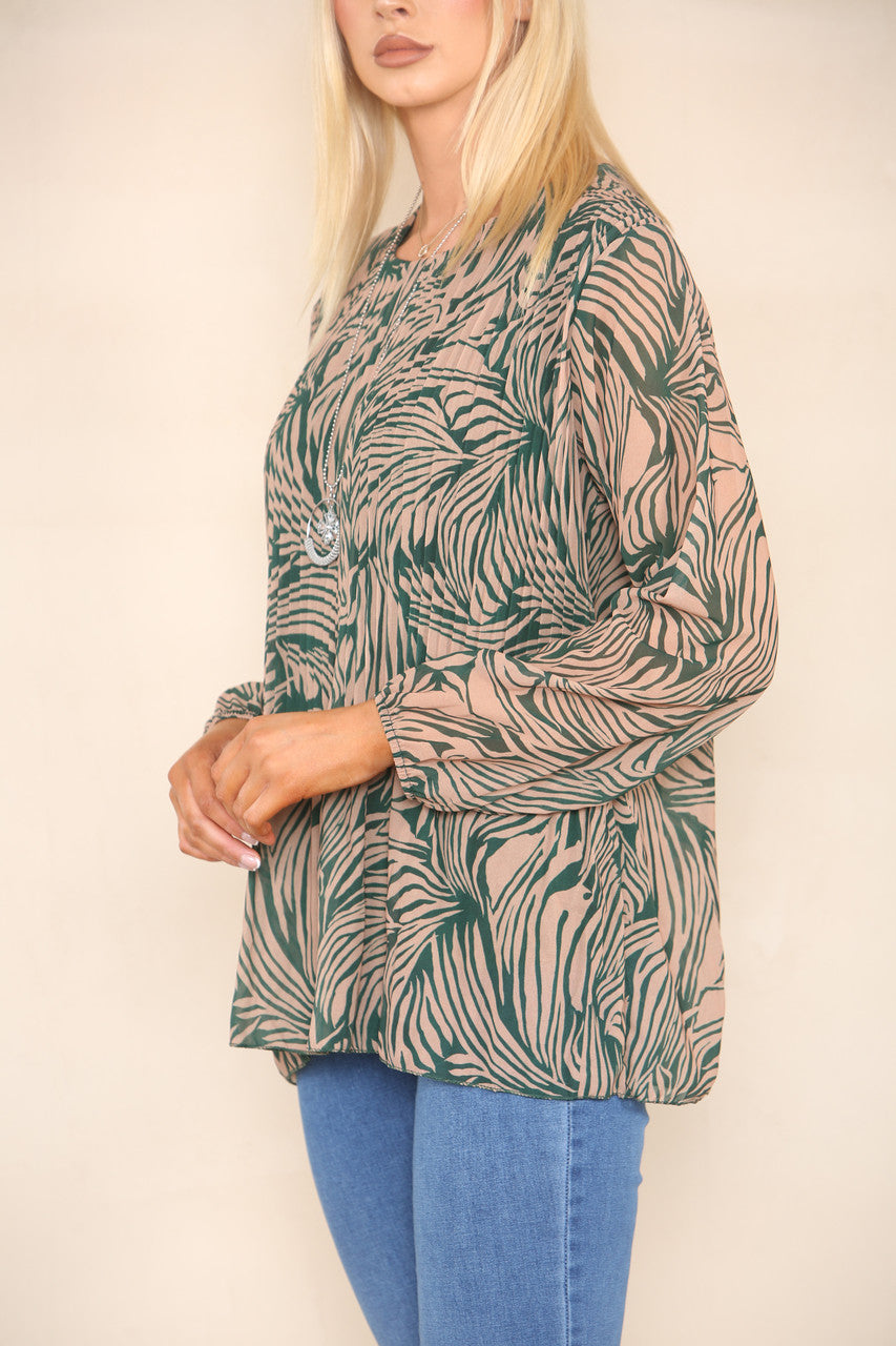 ABSTRACT ANIMAL PRINT PLEATED BLOUSE GREEN/TAN