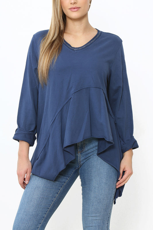 Ladies Plain Hi-Lo Style Top Navy