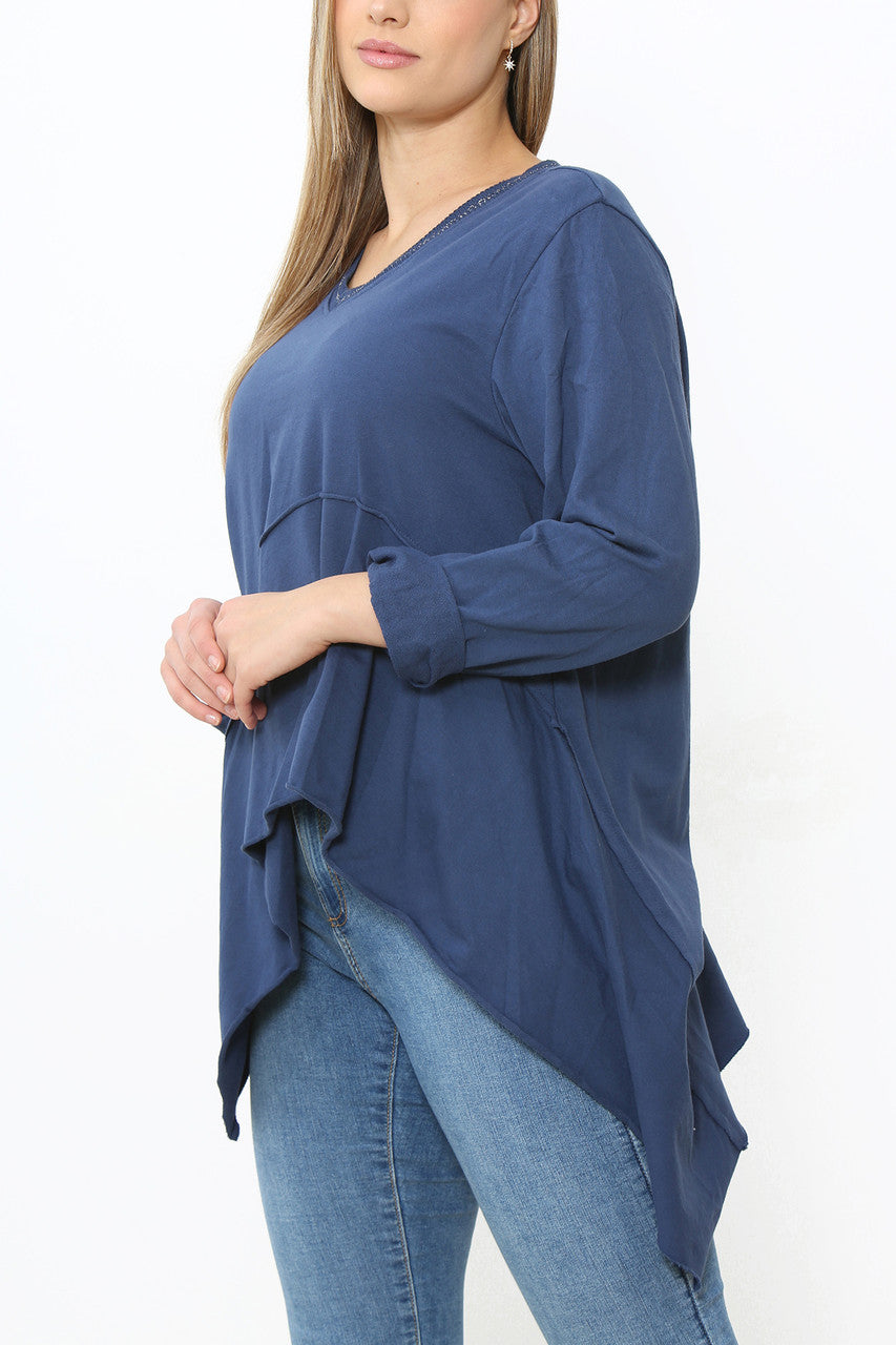 Dames Effen Hi-Lo Top Marineblauw
