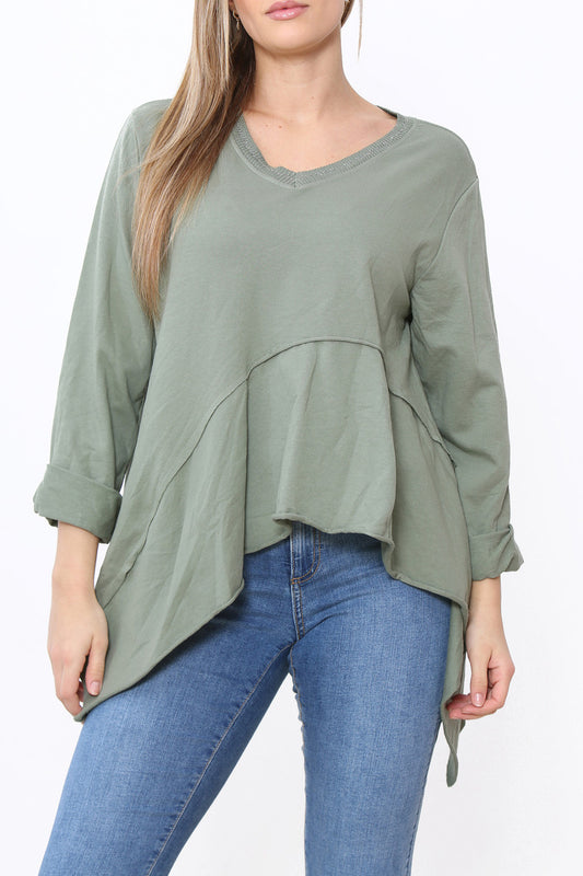 Ladies Plain Hi-Lo Style Top Khaki