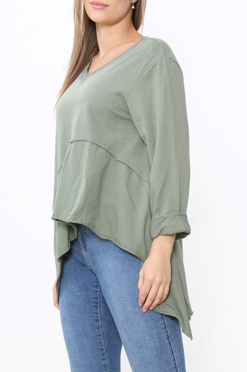 Ladies Plain Hi-Lo Style Top Khaki