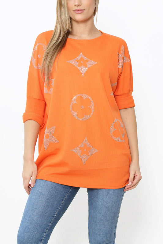 Ladies Sequin Patch Detail Jumper Top Orange