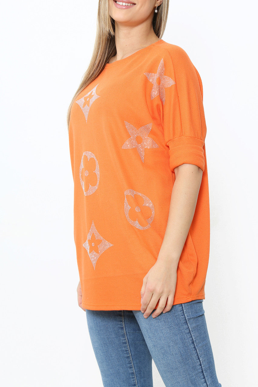 Ladies Sequin Patch Detail Jumper Top Orange