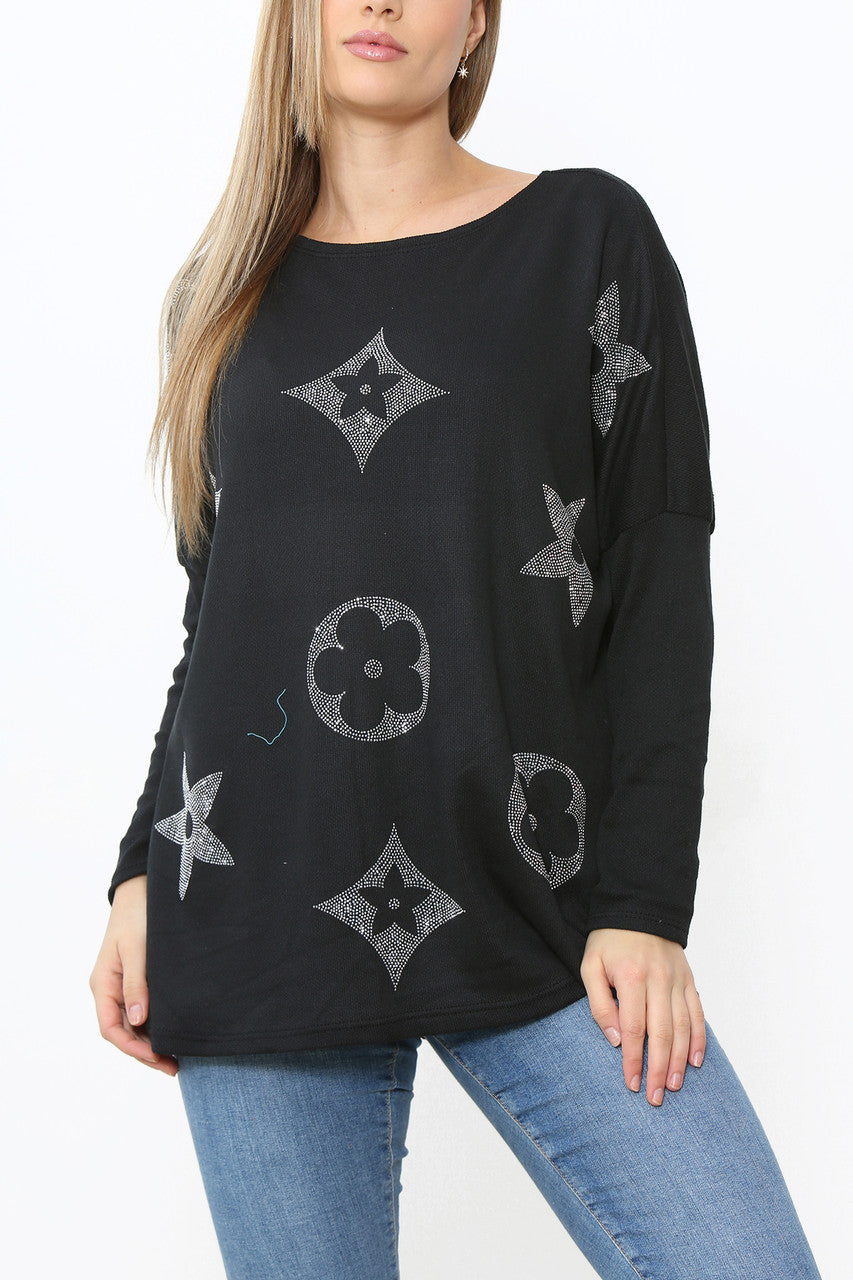 Ladies Sequin Patch Detail Jumper Top Black