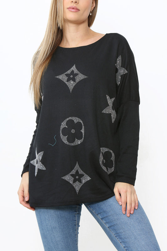 Ladies Sequin Patch Detail Jumper Top Black