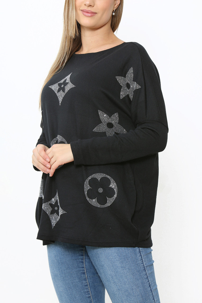 Ladies Sequin Patch Detail Jumper Top Black