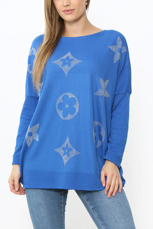 Ladies Sequin Patch Detail Jumper Top Royal Blue
