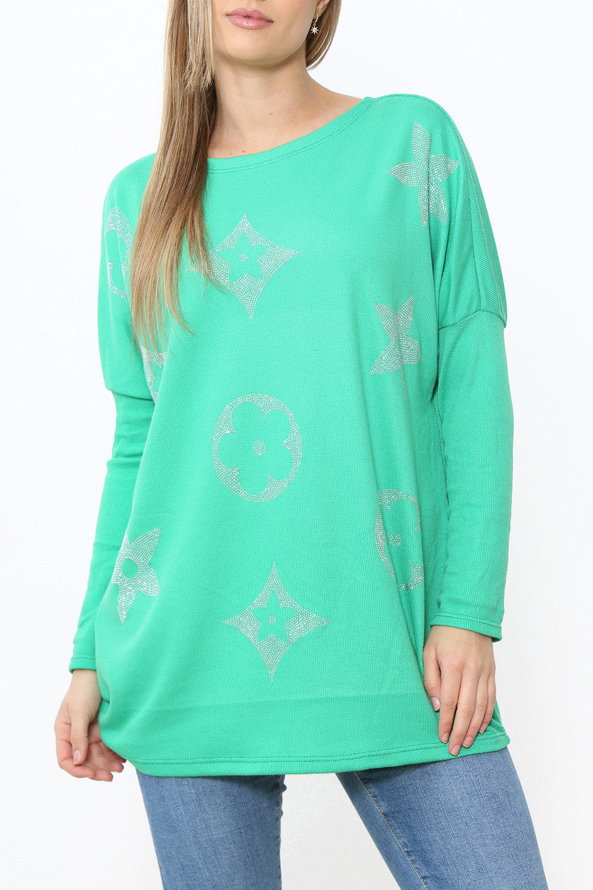 Ladies Sequin Patch Detail Jumper Top Green