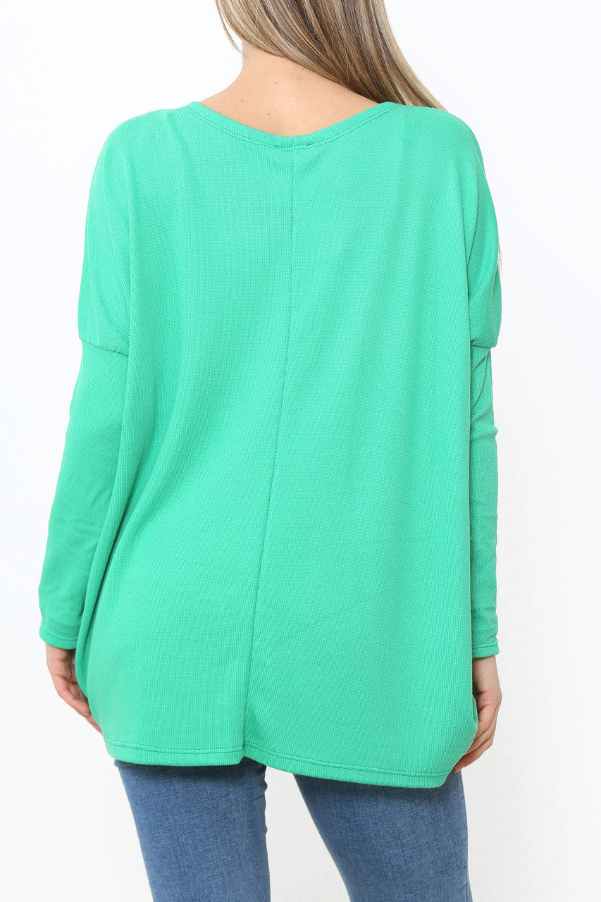 Ladies Sequin Patch Detail Jumper Top Green