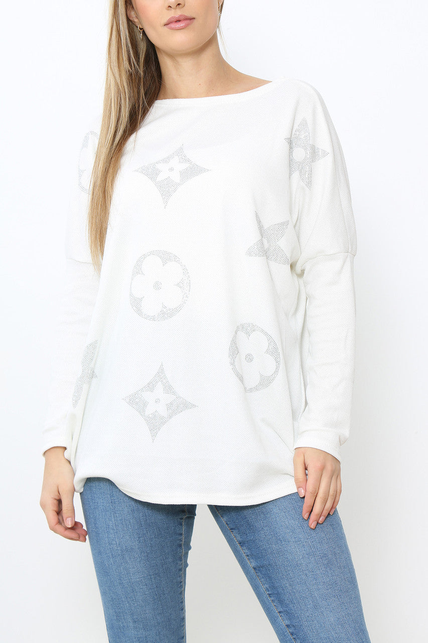 Ladies Sequin Patch Detail Jumper Top White