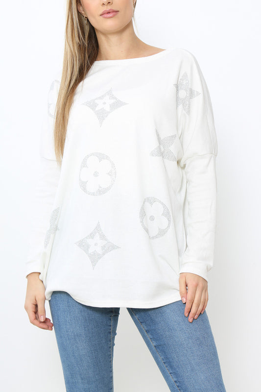 Ladies Sequin Patch Detail Jumper Top White